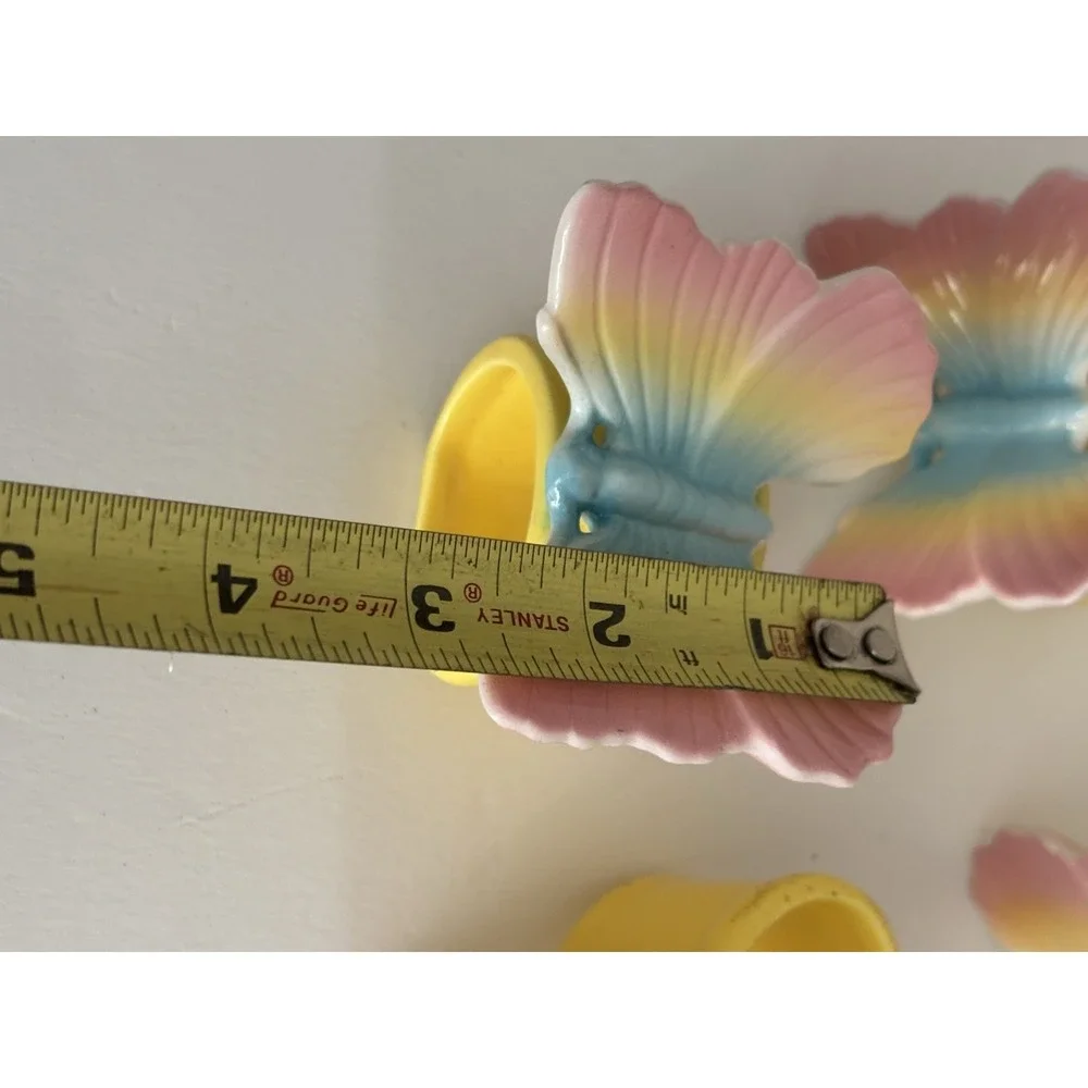 FITZ AND FLOYD Vintage Pastel Rainbow Butterfly Napkin Rings Set 4 Ceramic